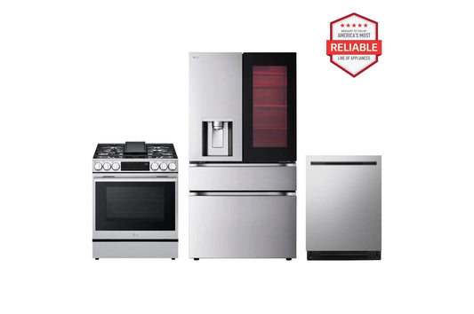 Lg LF29S8365SLSGL6335XLDNPM654S 29 cu. ft. Smart InstaView® Door-in-Door® Standard-Depth MAX™ 4-Door French Door Refrigerator with Slide-in Gas Range and FlushFit™ Top Control Dishwasher Kitchen Package in Stainless Steel