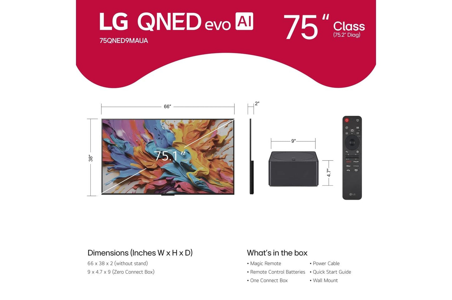 Lg 75QNED9MAUA 75 Inch Class LG QNED evo AI QNED9MA Mini LED 4K Smart TV 2025 with True Wireless Video & Audio Transfer with Supplied Wall Mount