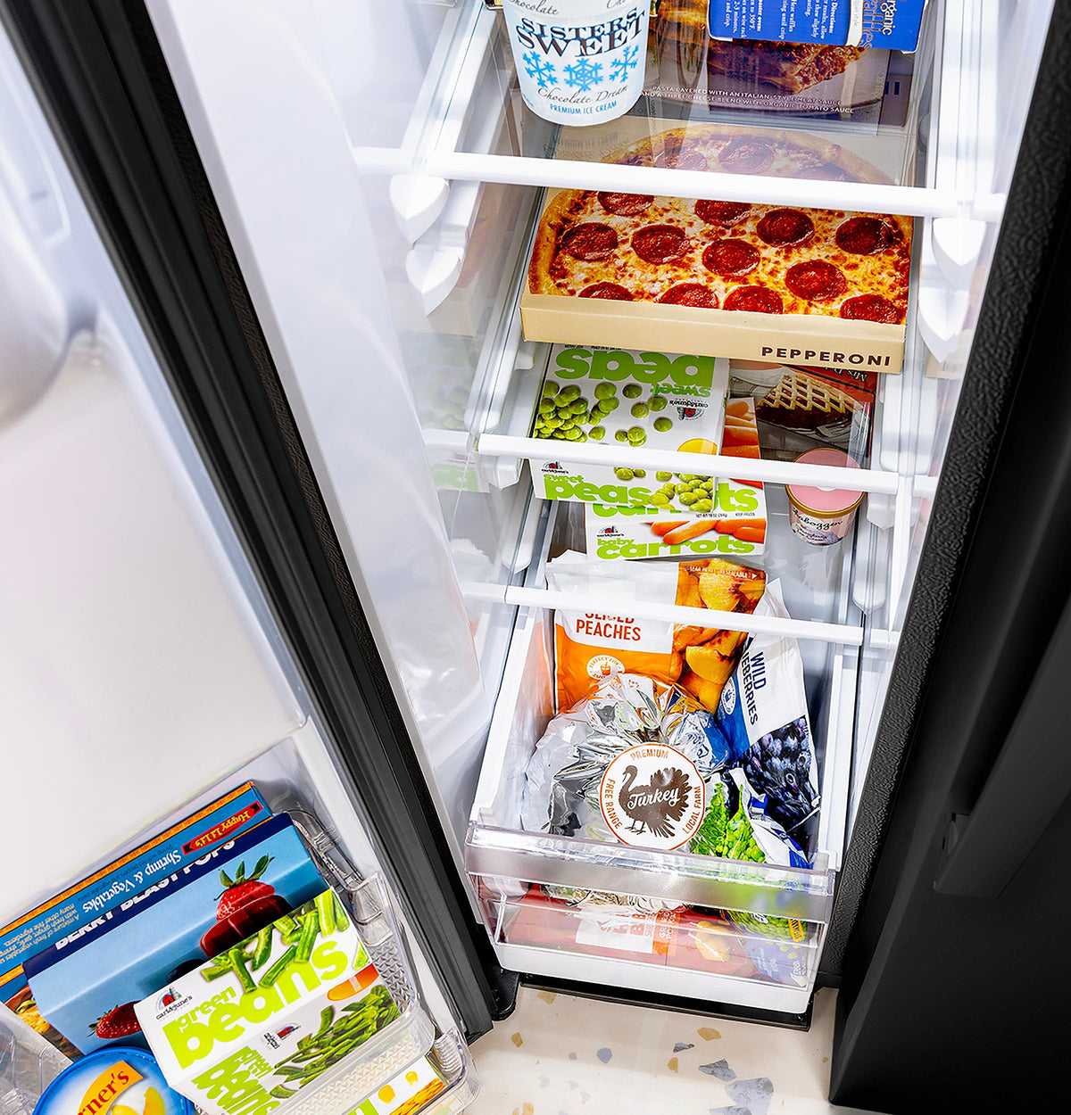 GZS24NGYBB GE® 23.6 Cu. Ft. Counter-Depth Side-By-Side Refrigerator with Extra Tall Dispenser and In-Door Icemaker