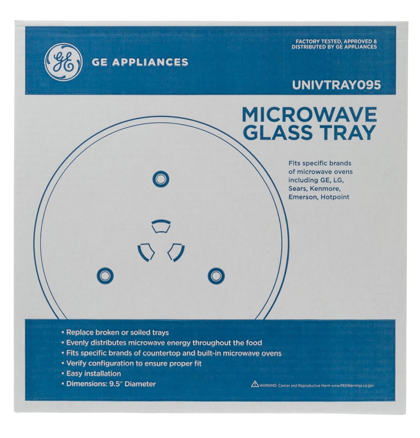 UNIVTRAY095 GE Appliances 9.5 inch Microwave Glass Tray Replacement, UNIVTRAY095