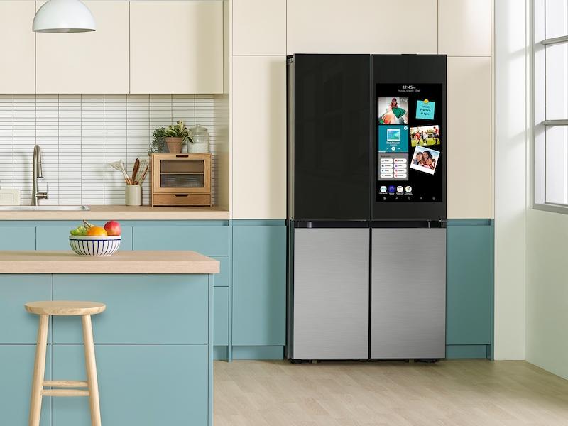 Samsung Bespoke Counter Depth 4-Door Flex™ Refrigerator (23 cu. ft.) with Family Hub™   in Charcoal Glass Top and Stainless Steel Bottom Panels