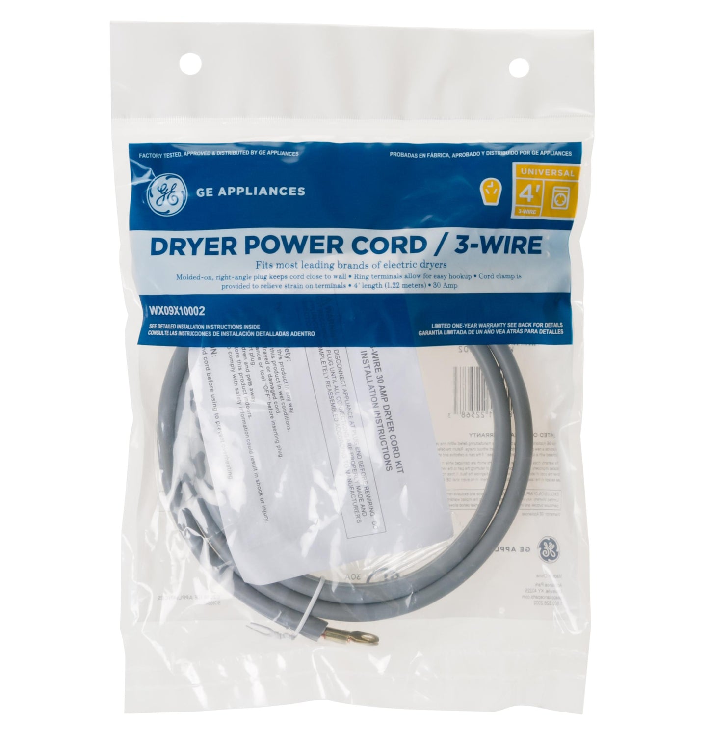 Ge Appliances WX09X10002 4' 30Amp 3 Wire Dryer Cord