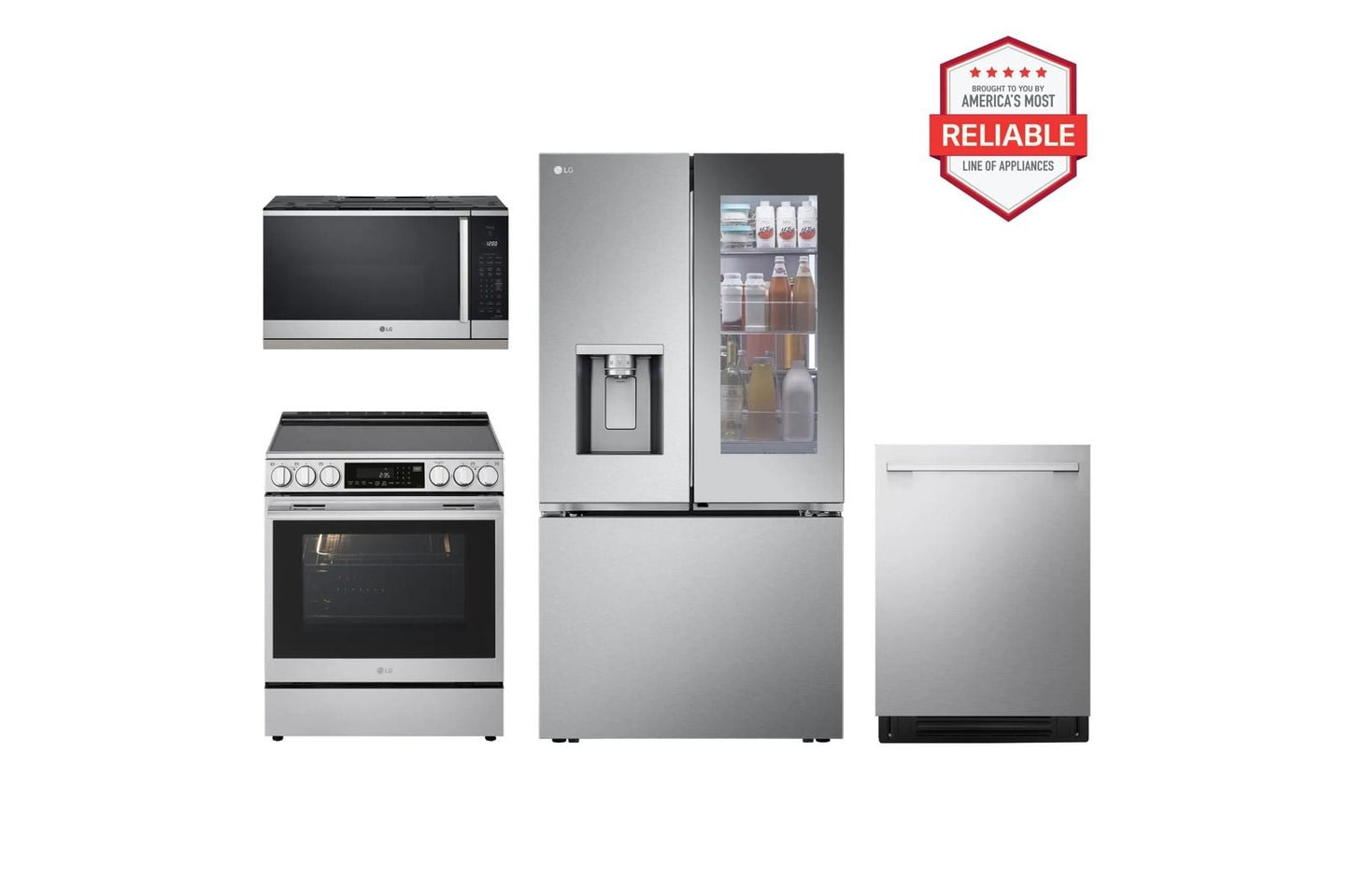 Lg LRYKC2606SLSEL6337XEMVEL2125XLDNTH753S 26 cu. ft. Counter-Depth Instaview Craft Ice French Door Refrigerator with Slide-in Electric Range, Top Control Dishwasher and Microwave Kitchen Package in Stainless Steel
