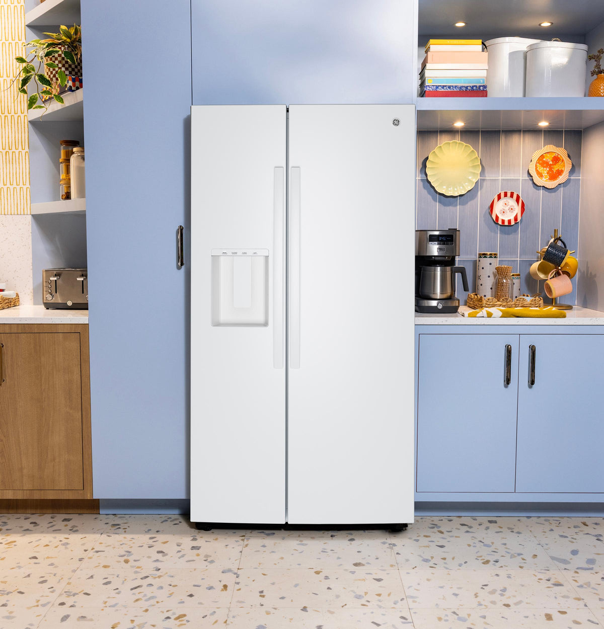 GZS24NGYWW GE® 23.6 Cu. Ft. Counter-Depth Side-By-Side Refrigerator with Extra Tall Dispenser and In-Door Icemaker