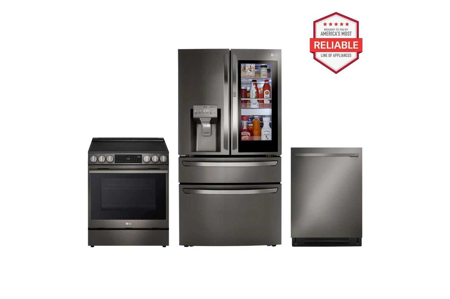 Lg LRMVC2306DLSEL6335ZELDNTM545D 23 cu. ft. Smart InstaView™ Door-in-Door® Counter-Depth Refrigerator with Exterior Water DIspenser and Craft Ice™ with Slide-in Electric Range and FlushFit™ Top Control Dishwasher Kitchen Package in Black Stainless Steel