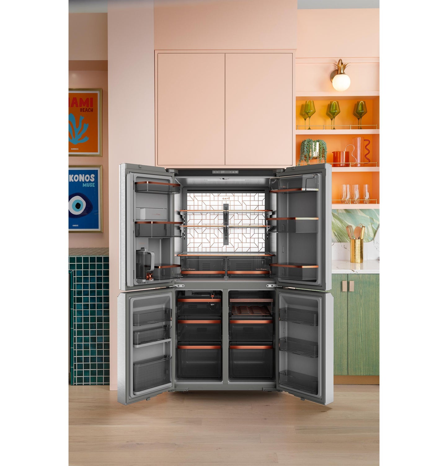 Cafe CHE23DM5WS5 CAF(EBACK)™ ENERGY STAR® 22.9 Cu. Ft. Smart Counter-Depth Quad-Door Refrigerator in Platinum Glass with Dual-Dispense AutoFill Pitcher