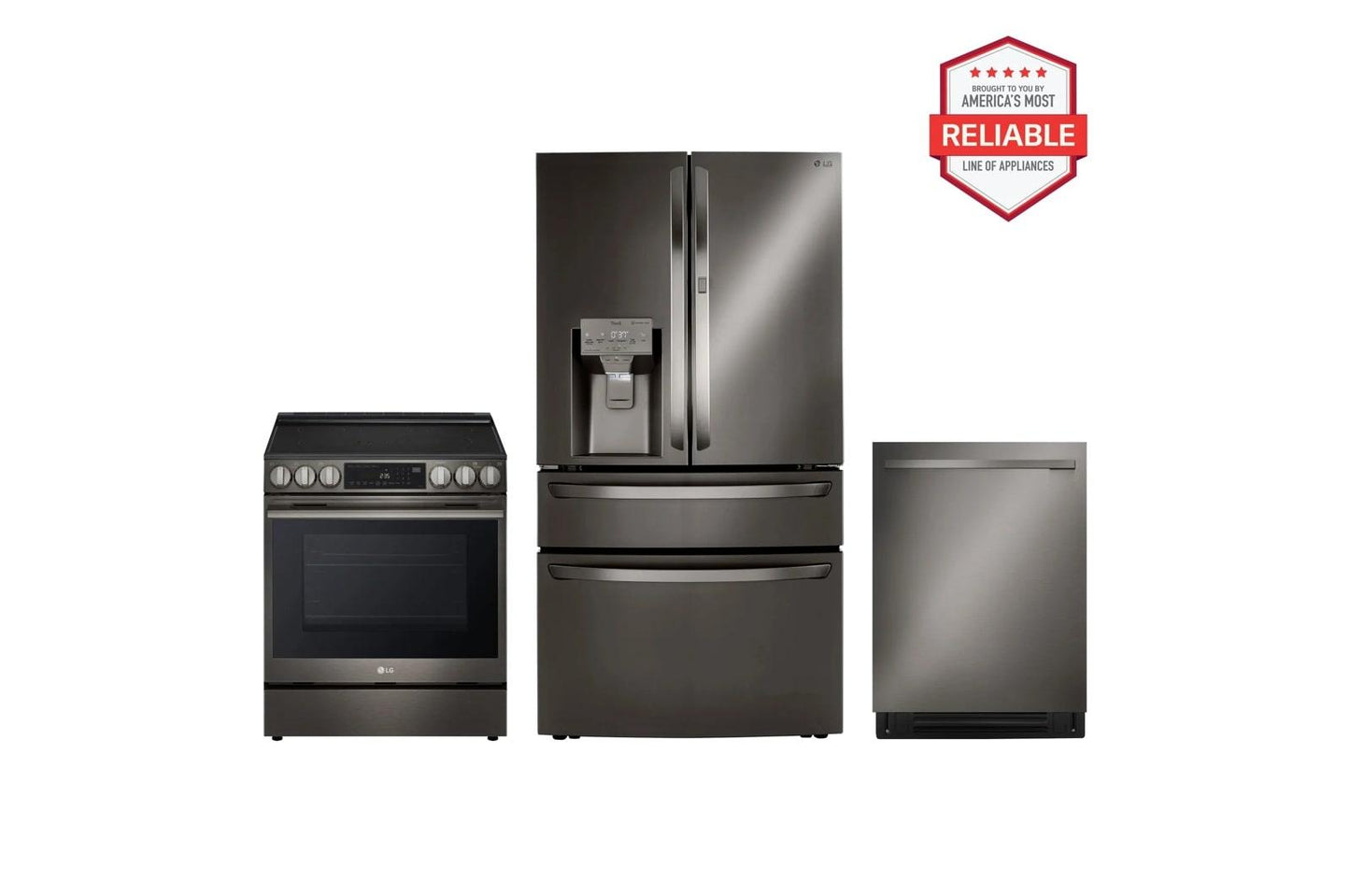 Lg LRMDS3006DLSEL6335ZELDNTM545D 30 cu. ft. Smart Refrigerator with Exterior Water Dispenser and Craft Ice™ with Slide-in Electric Range and FlushFit™ Top Control Dishwasher Kitchen Package in Black Stainless Steel