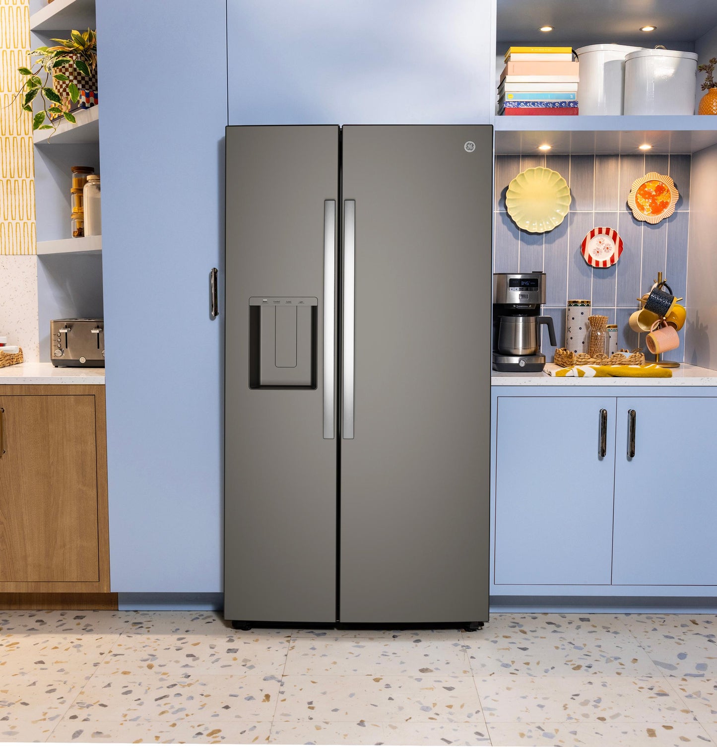GZS24NMYES GE® 23.6 Cu. Ft. Counter-Depth Side-By-Side Refrigerator with Extra Tall Dispenser and In-Door Icemaker