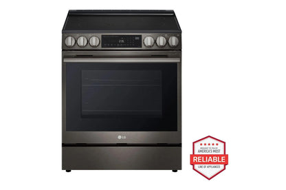 Lg LRMDS3006DLSEL6335ZELDNTM545D 30 cu. ft. Smart Refrigerator with Exterior Water Dispenser and Craft Ice™ with Slide-in Electric Range and FlushFit™ Top Control Dishwasher Kitchen Package in Black Stainless Steel