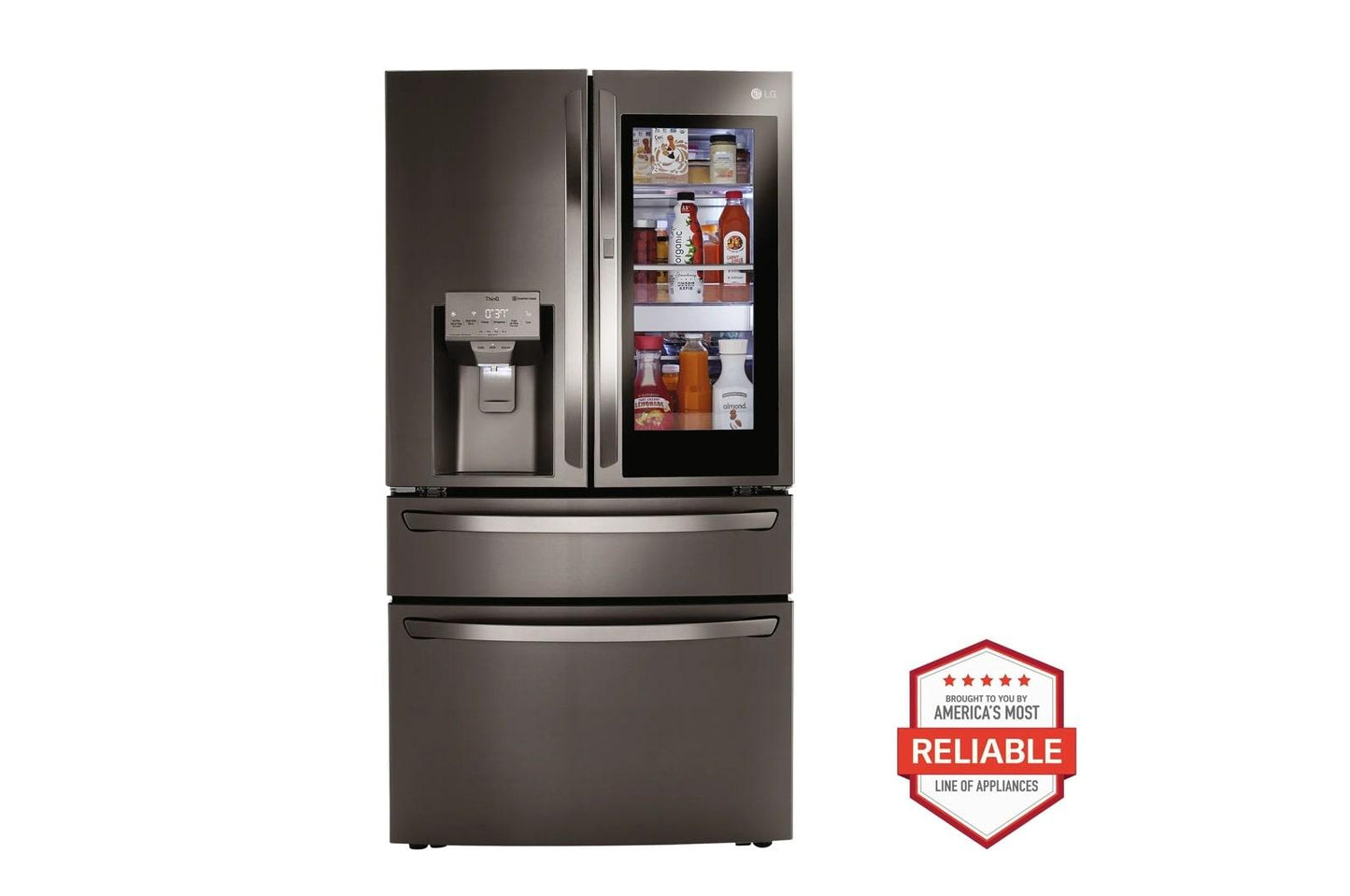 Lg LRMVC2306DLSGL6335ZLDNTM545D 23 cu. ft. Smart InstaView™ Door-in-Door® Counter-Depth Refrigerator with Exterior Water DIspenser and Craft Ice™ with Slide-in Gas Range and FlushFit™ Top Control Dishwasher Kitchen Package in Black Stainless Steel