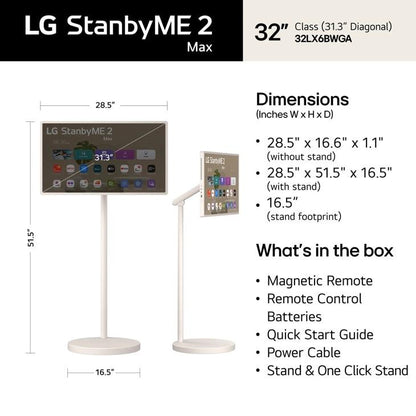 Lg 32LX6BWGAXT7SAUSALLC StanbyME 2 MAX 32 Inch Portable Smart Touch Screen with 4.5hr Battery and XT7 Bluetooth Speaker