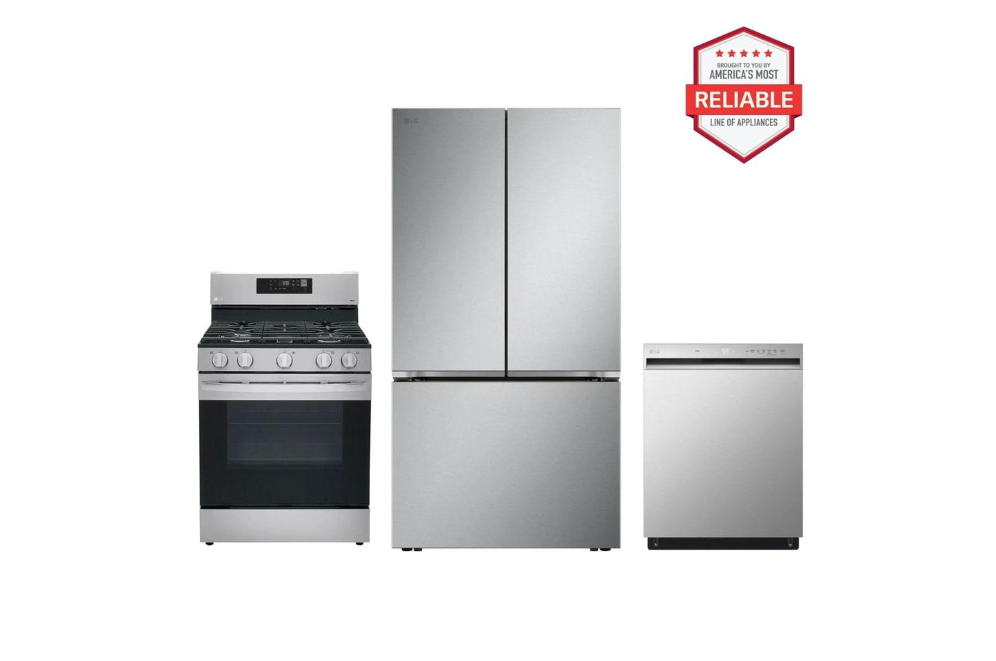 Lg LRFLC2716SLRGL5821SLDFN3432T 27 cu. ft. Smart Counter-Depth MAX™ French Door Pocket Handle Refrigerator with Freestanding Gas Range and Front Control Dishwasher Kitchen Package in Stainless Steel