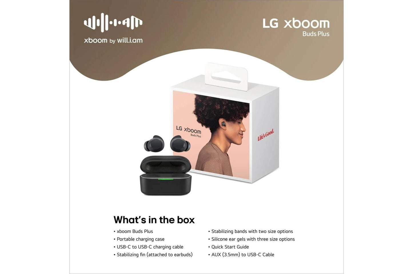 BUDSPLUSAUSALBK LG xboom Buds Plus by will.i.am  Bluetooth Earbuds  xboom Signature Sound with Bluetooth Transmitter, Black