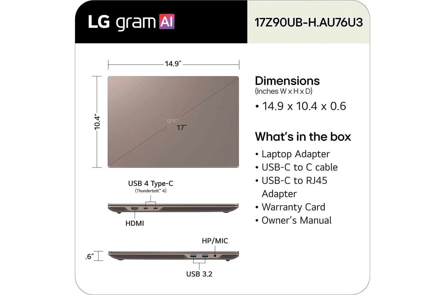 17Z90UBHAU75U3 LG gram Max 17 Inch Copilot+ PC, Windows 11 Home, Lightweight Dual AI Touchscreen Laptop, Intel® Core™ Ultra 7, 16GB RAM, 512GB SSD, Bronze