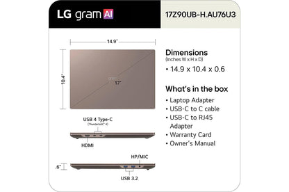 17Z90UBHAU75U3 LG gram Max 17 Inch Copilot+ PC, Windows 11 Home, Lightweight Dual AI Touchscreen Laptop, Intel® Core™ Ultra 7, 16GB RAM, 512GB SSD, Bronze