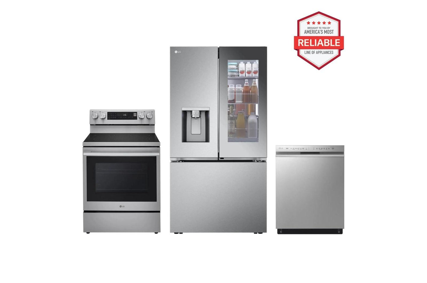 Lg LRYKC2606SLREN6325XELDFN4542S 26 cu. ft. Counter-Depth Instaview French Door Refrigerator with Freestanding Electric Range and Front Control Dishwasher Kitchen Package in Stainless Steel