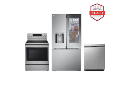 Lg LRYKC2606SLREN6325XELDFN4542S 26 cu. ft. Counter-Depth Instaview French Door Refrigerator with Freestanding Electric Range and Front Control Dishwasher Kitchen Package in Stainless Steel