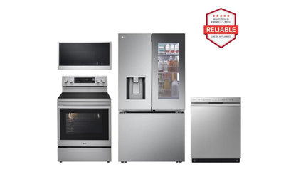 Lg LRYKC2606SLREN6325XEMVEL2033FLDFN4542S 26 cu. ft. Counter-Depth Instaview French Door Refrigerator with Freestanding Electric Range, Front Control Dishwasher and Microwave Kitchen Package in Stainless Steel