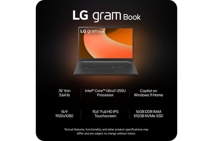 15U55THAAB4U1 LG gram Book 15.6 Inch Thin and Lightweight Laptop, Windows 11 Home, Intel® Core™ Ultra 7, 16GB RAM, 512GB SSD, Black