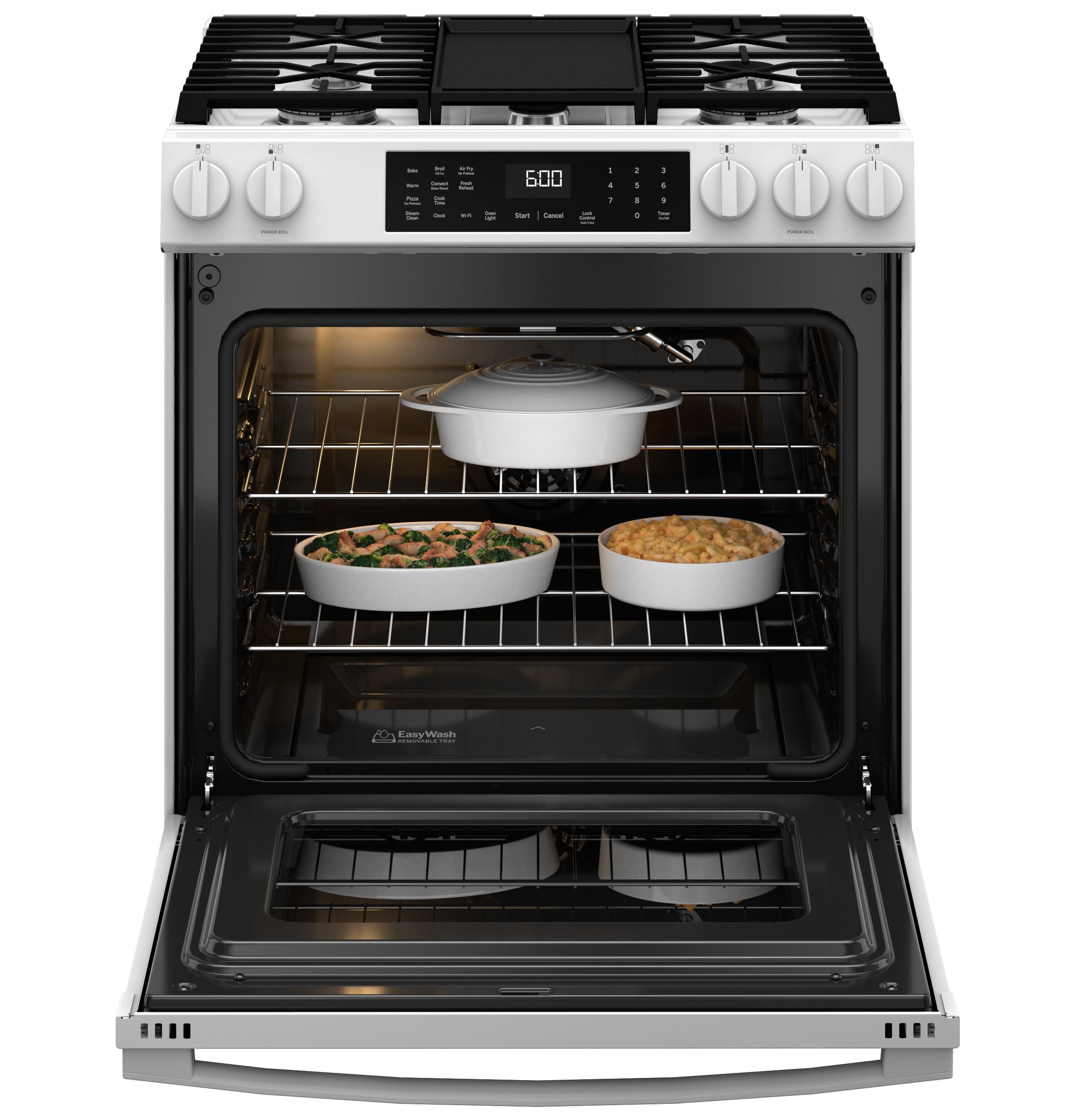 GGS600AVWW GE® 30" Slide-In Front-Control Convection Gas Range with No Preheat Air Fry and EasyWash™ Oven Tray