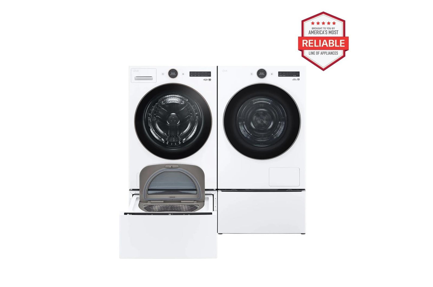 Lg WM6500HWADLHC5502WWD300CWWDP6W 5.0 cu. ft. Front Load Washer and 7.8 cu. ft. Heat Pump Ventless Dryer with pedestal washer and drawer in White