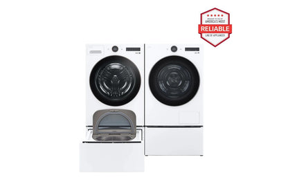 Lg WM6500HWADLHC5502WWD300CWWDP6W 5.0 cu. ft. Front Load Washer and 7.8 cu. ft. Heat Pump Ventless Dryer with pedestal washer and drawer in White