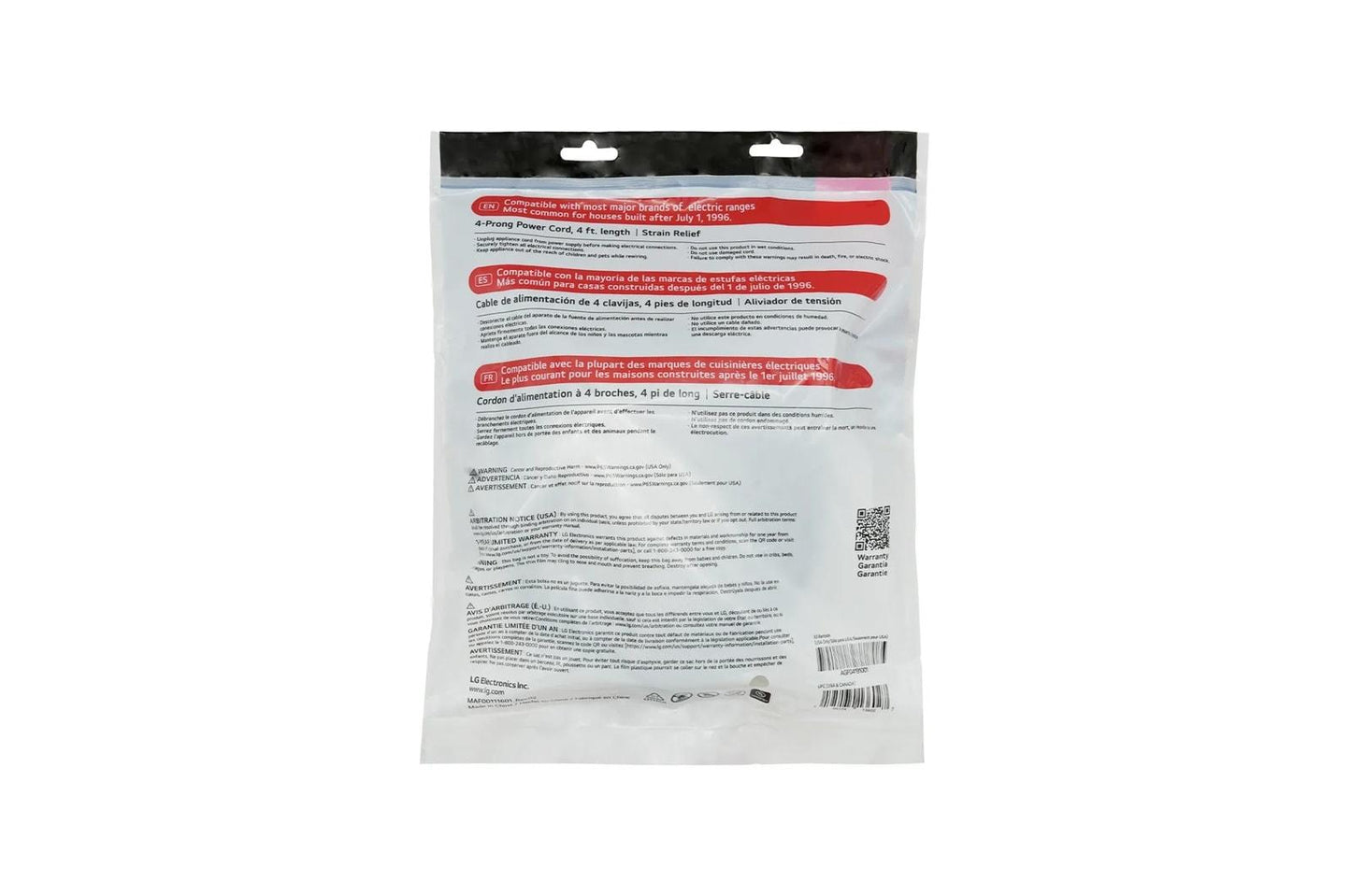 AGF04191001 LG Accessories Universal Range Power Cord 40 Amp 4 Wire
