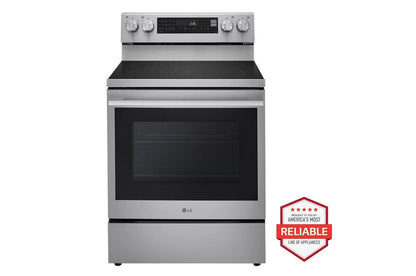Lg LRYXC2606SLREN6325XEMVEL2033FLDFN4542S 26 cu. ft. Smart Counter-Depth MAX™ French Door Refrigerator with Freestanding Electric Range, Front Control Dishwasher and Microwave Kitchen Package in Stainless Steel