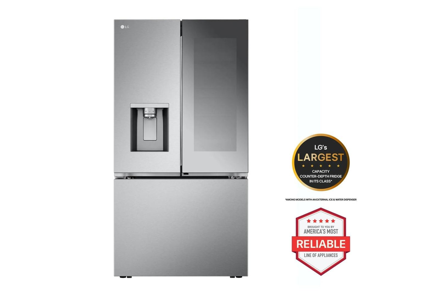 Lg LRYKC2606SLSGL6337XMVEL2125XLDNTH753S 26 cu. ft. Counter-Depth Instaview Craft Ice French Door Refrigerator with Slide-in Gas Range, Top Control Dishwasher and Microwave Kitchen Package in Stainless Steel
