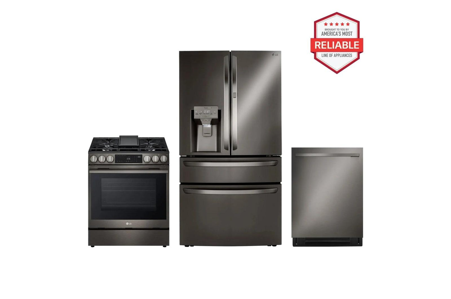 Lg LRMDS3006DLSGL6335ZLDNTM545D 30 cu. ft. Smart Refrigerator with Exterior Water Dispenser and Craft Ice™ with Slide-in Gas Range and FlushFit™ Top Control Dishwasher Kitchen Package in Black Stainless Steel