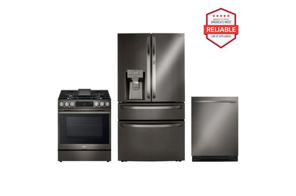 Lg LRMDS3006DLSGL6335ZLDNTM545D 30 cu. ft. Smart Refrigerator with Exterior Water Dispenser and Craft Ice™ with Slide-in Gas Range and FlushFit™ Top Control Dishwasher Kitchen Package in Black Stainless Steel