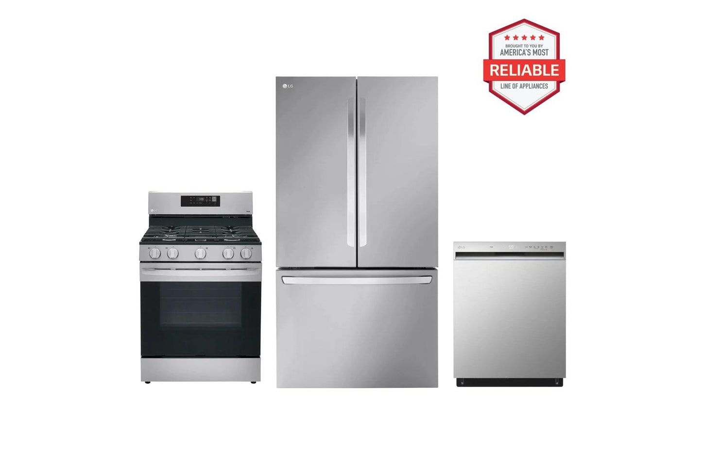 Lg LRFLC2706SLRGL5821SLDFN3432T 27 cu. ft. Smart Counter-Depth MAX™ French Door Refrigerator with Freestanding Gas Range and Front Control Dishwasher Kitchen Package in Stainless Steel