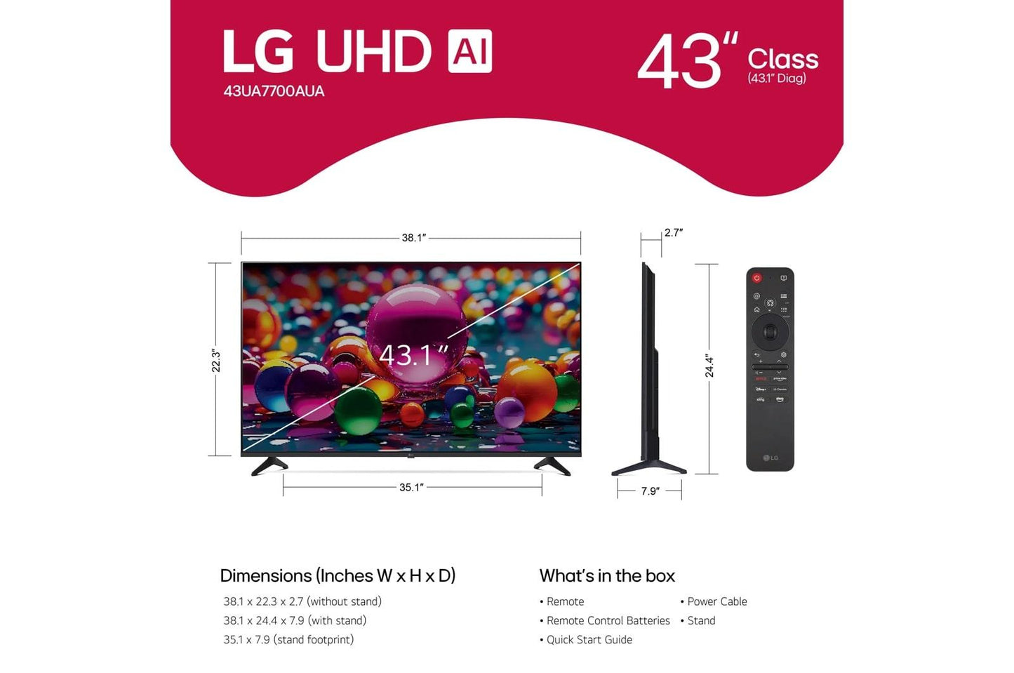 Lg 43UA7700AUA 43 Inch Class LG UHD AI UA77A 4K Smart TV 2025