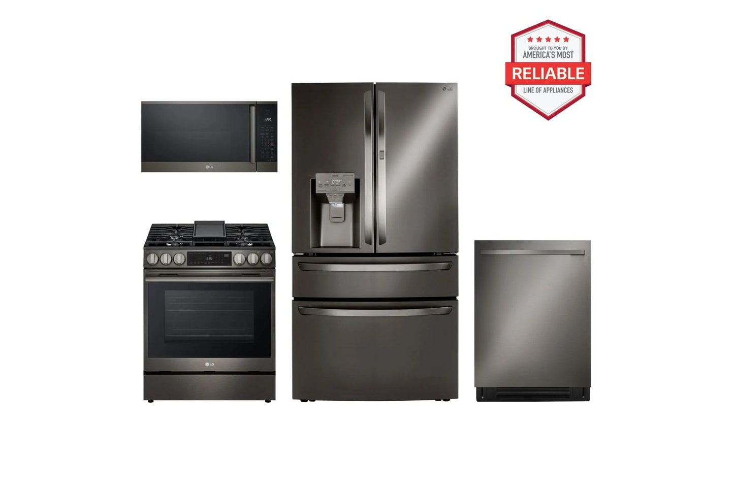 Lg LRMDS3006DLSGL6335ZMVEM1825ZLDNTM545D 30 cu. ft. Smart Refrigerator with Exterior Water Dispenser and Craft Ice™ with Slide-in Gas Range, FlushFit™ Top Control Dishwasher and Microwave Kitchen Package in Black Stainless Steel