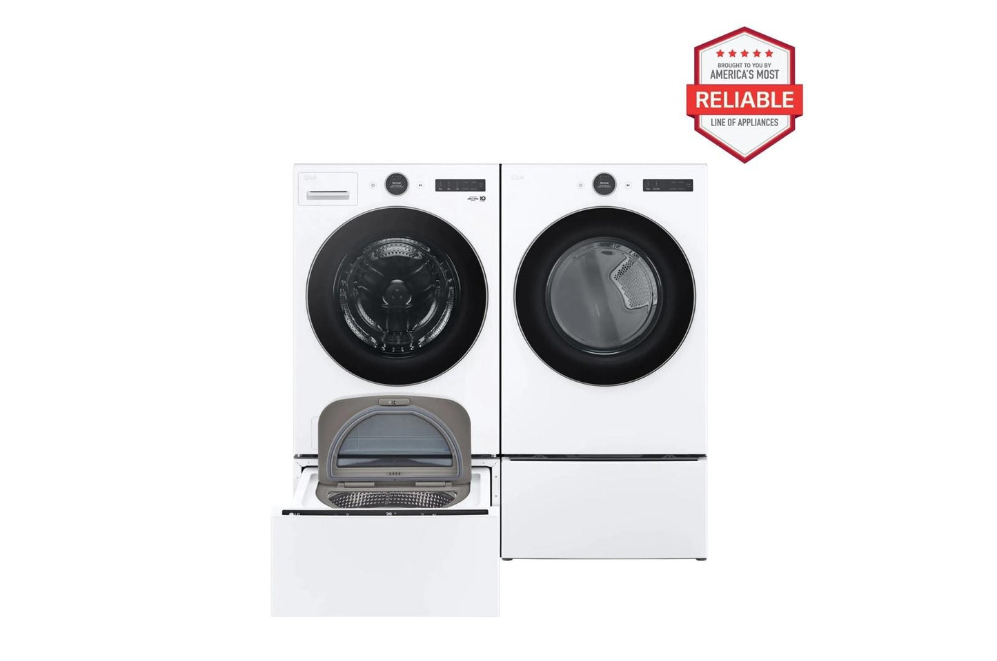 Lg WM5500HWADLGX5501WWD300CWWDP6W 4.5 cu. ft. Front Load Washer and 7.4 cu. ft. Gas Dryer with pedestal washer and drawer Laundry Set in White