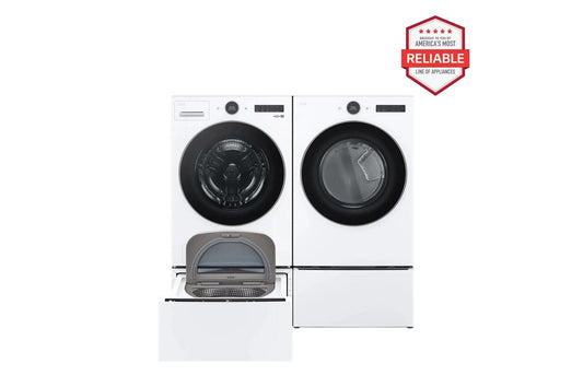 Lg WM5500HWADLGX5501WWD300CWWDP6W 4.5 cu. ft. Front Load Washer and 7.4 cu. ft. Gas Dryer with pedestal washer and drawer Laundry Set in White