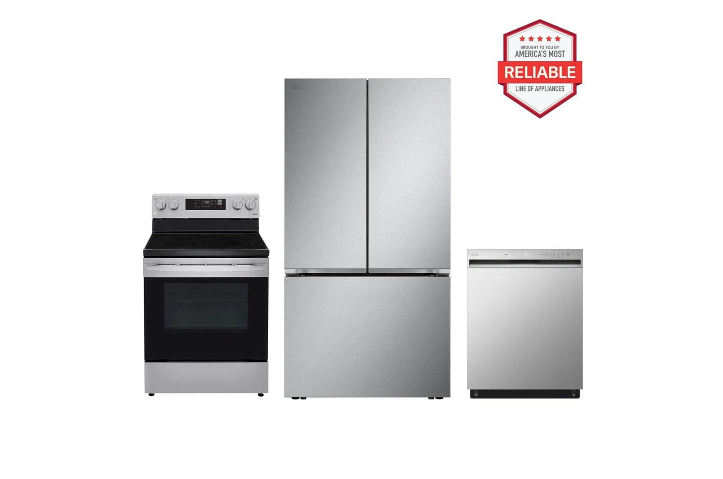 Lg LRFLC2716SLREL6321SLDFN3432T 27 cu. ft. Smart Counter-Depth MAX™ French Door Pocket Handle Refrigerator with Freestanding Electric Range and Front Control Dishwasher Kitchen Package in Stainless Steel