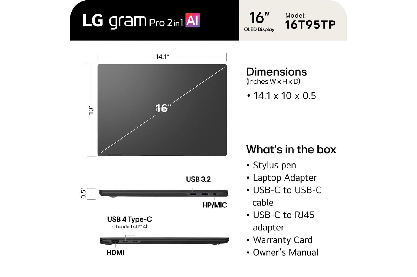 16T95TPKAD89U1 LG gram Pro 2-in-1 16 Inch, Windows 11 Home, Lightweight Dual AI Laptop, Intel® Core™ Ultra 7, 32GB RAM, 2TB SSD, Black