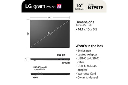 16T95TPKAA77U1 LG gram Pro 2-in-1 16 Inch, Windows 11 Home, Lightweight Dual AI Laptop, Intel® Core™ Ultra 7, 16GB RAM, 1TB SSD, Black