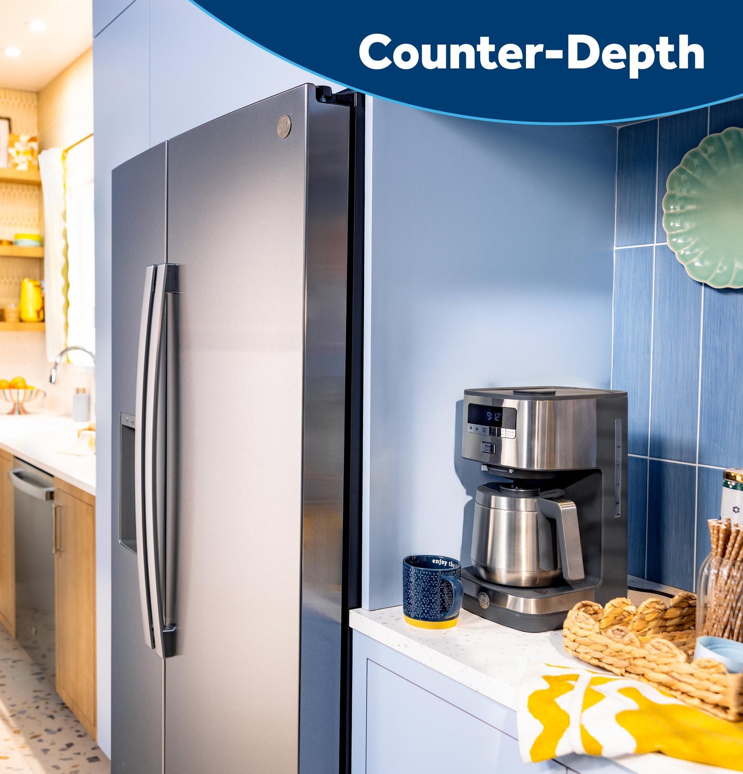GZS24NYYFS GE® 23.6 Cu. Ft. Counter-Depth Side-By-Side Refrigerator with Extra Tall Dispenser and In-Door Icemaker