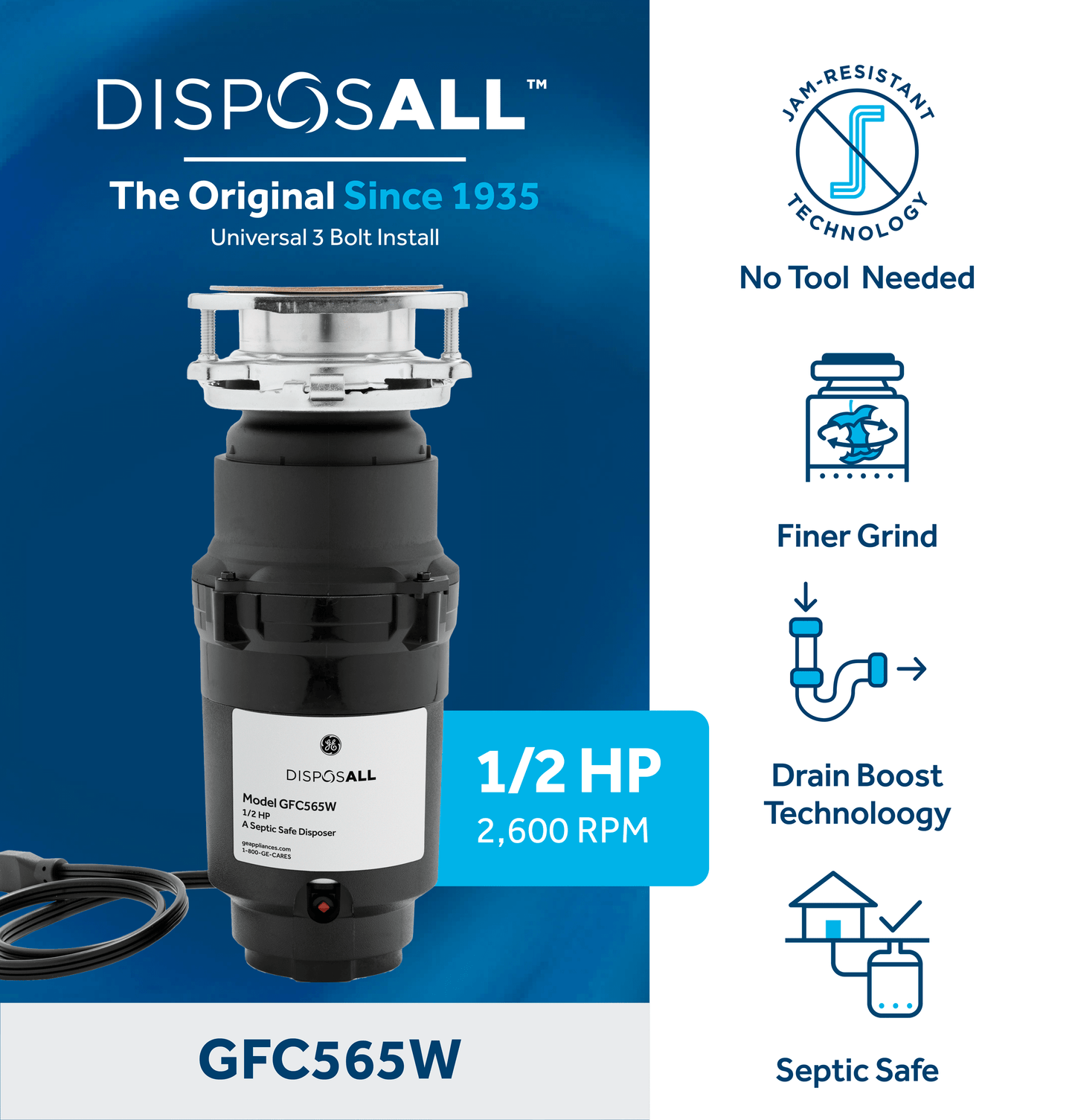 GFC565W GE DISPOSALL® 1/2 HP Continuous Feed Garbage Disposer Corded