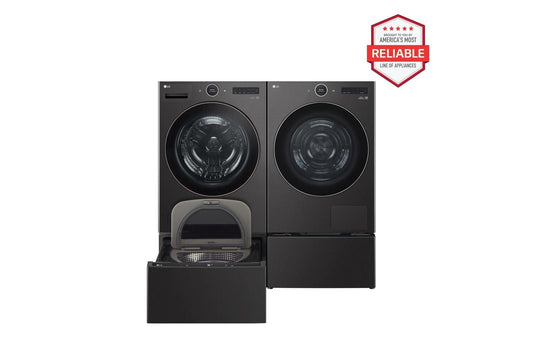 Lg WM6500HBADLHC5502BWD300CBWDP6B 5.0 cu. ft. Front Load Washer and 7.8 cu. ft. Heat Pump Ventless Dryer with pedestal washer and drawer in Black Steel