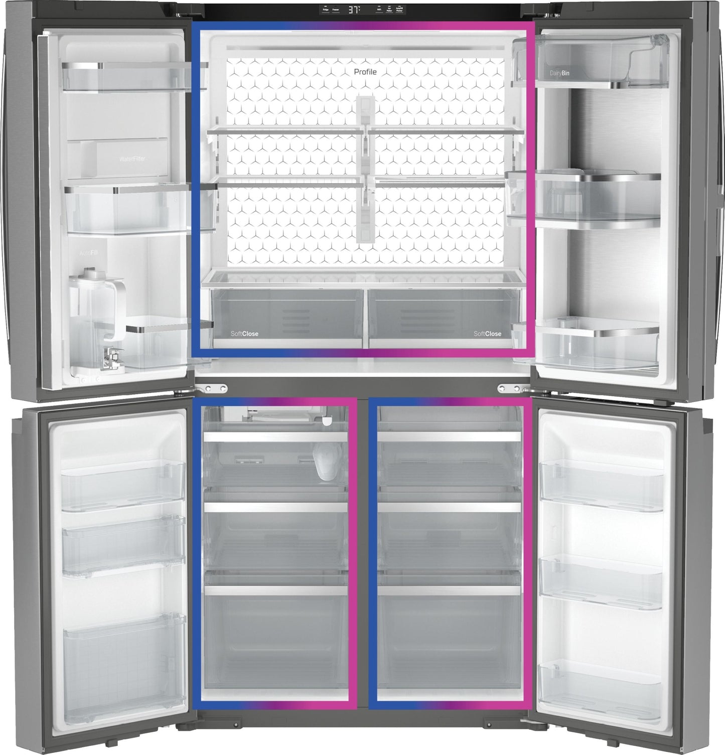 PHD23BYWFS GE Profile™ ENERGY STAR® 22.9 Cu. Ft. Counter-Depth Quad-Door Refrigerator with Dual-Dispense AutoFill Pitcher and Door in Door