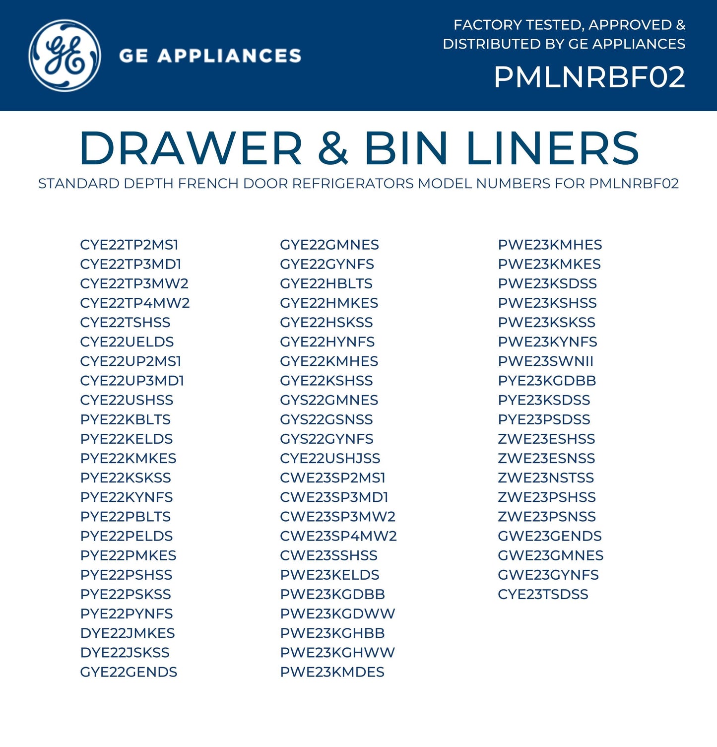 Ge Appliances PMLNRBF02 Drawer & Bin Liners with Microban® for Counter Depth Refrigerators