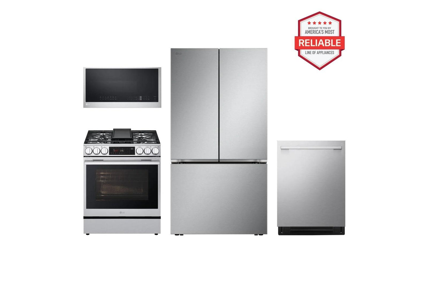 Lg LRFLC2716SLSGL6335XMVEL2033FLDNTM545S 27 cu. ft. Smart Counter-Depth MAX™ French Door Pocket Handle Refrigerator with Slide-in Gas Range, Top Control Dishwasher and Microwave Kitchen Package in Stainless Steel