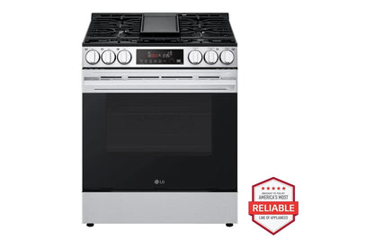 Lg LRMXS3006SLSGL6335XMVEL2137FLDNTH753S Deluxe Kitchen Package with 30 cu. ft. French Door Refrigerator, Slide-in Gas Range, Top Control Dishwasher and Microwave in Stainless Steel