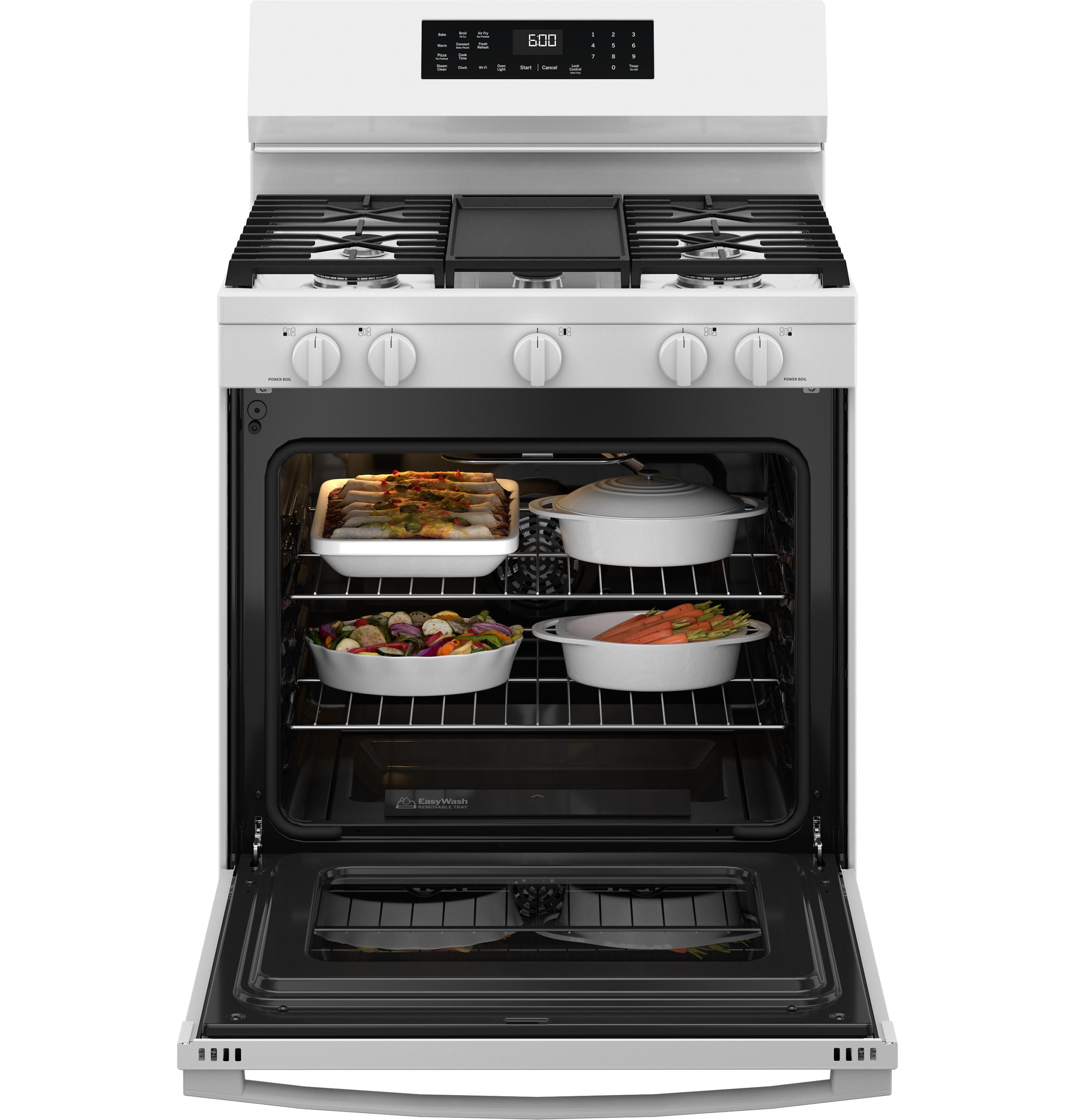 GGF600AVWW GE® 30" Free-Standing Gas Convection Range with No Preheat Air Fry and EasyWash™ Oven Tray