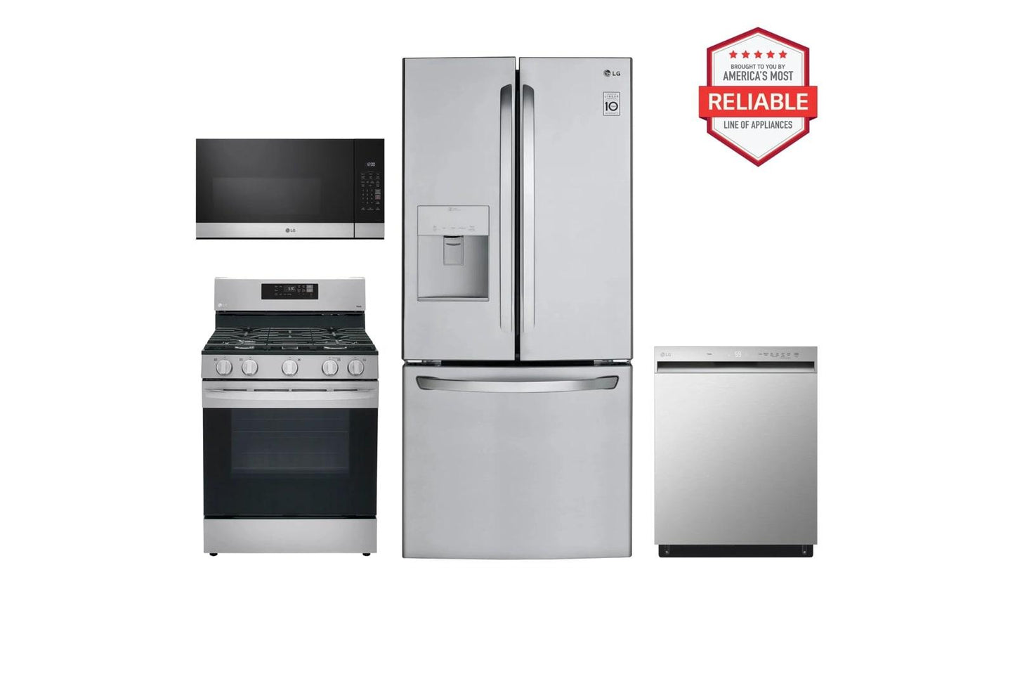 Lg LFDS22520SLRGL5821SMVEM1621YLDFN3432T 22 cu. ft. Standard-Depth Exterior Water Dispenser French Door Refrigerator with Freestanding Gas Range, Front Control Dishwasher and Microwave Kitchen Package in Stainless Steel