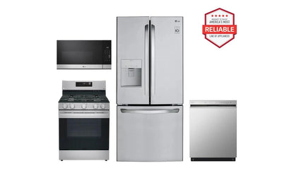 Lg LFDS22520SLRGL5821SMVEM1621YLDFN3432T 22 cu. ft. Standard-Depth Exterior Water Dispenser French Door Refrigerator with Freestanding Gas Range, Front Control Dishwasher and Microwave Kitchen Package in Stainless Steel