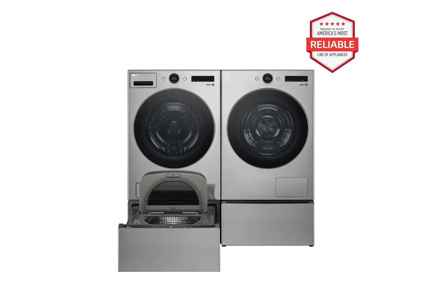 Lg WM5500HVADLHC5502VWD300CVWDP6V 4.5 cu. ft. Front Load Washer and 7.8 cu.ft. Heat Pump Dryer with pedestal washer and drawer Laundry Set in Graphite Steel